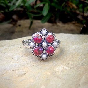 Solid Sterling Silver Red Opal & Pearl Ring